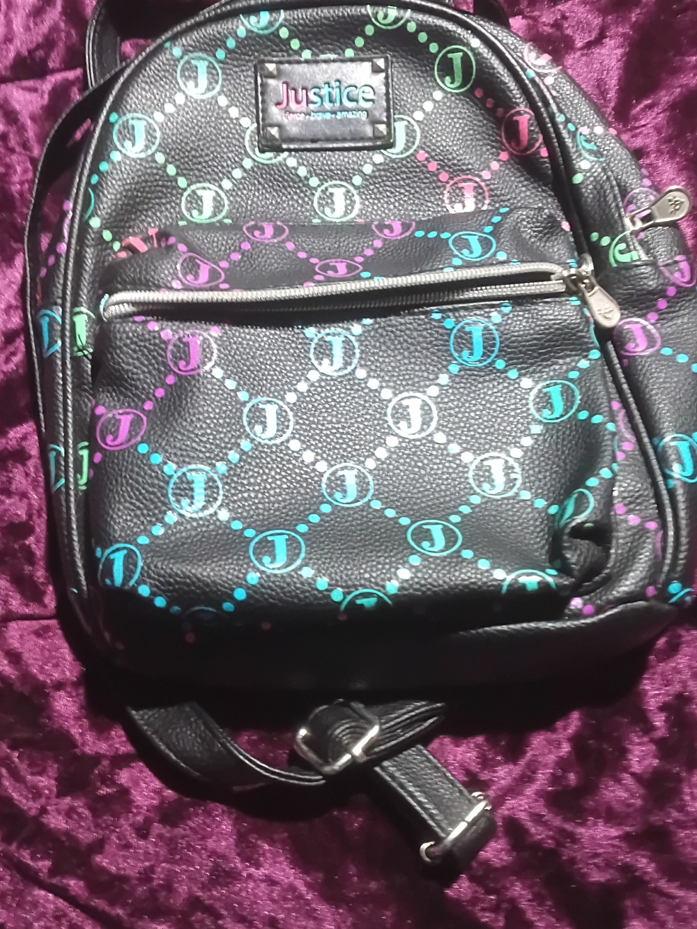 Justice Black Mini Backpack with Teal & Purple Accent Print